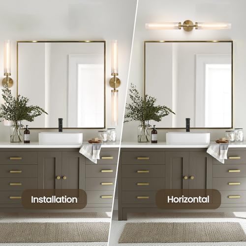 30" Knurled Brass 2 Light Wall Sconces, Long Hardwired Bathroom Vanity Light, Frosted Glass Tube Linear Modern Wall Light Fixtures, for Mirror, Bedroom, Living Room, Hallway - Image 2