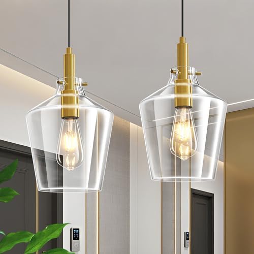 Glass Pendant Lighting for Kitchen Island Entryway 2 Pack Gold Clear 8 Inch by Vaziden
