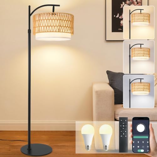 Rustic Black Farmhouse Floor Lamp with Woven Rattan Shade - 12W LED, Remote & Dimmable 3-Color Temp, Tall Standing Lamp for Living Room by Unknown