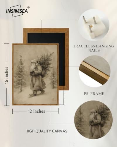 InSimSea Vintage Winter Christmas Decor, Santa with Tree Framed Art - Image 5