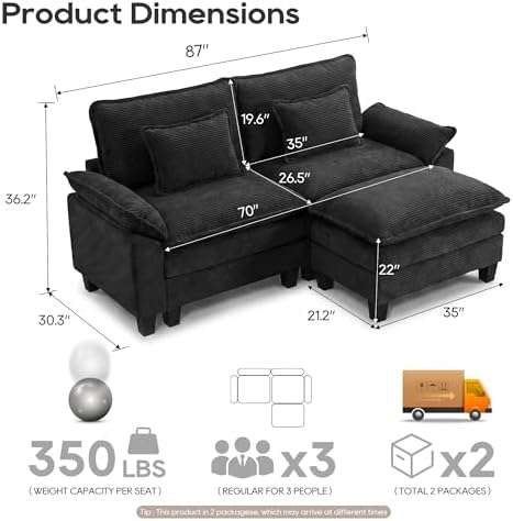 URRED Oversized Modular Sectional Sofa，Solid Black：87" L Shaped - Image 2