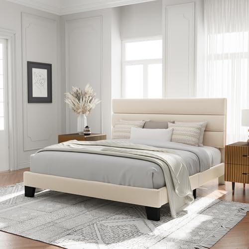 Allewie Cal King Size Platform Bed Frame with Velvet Upholstered Headboard - Image 3