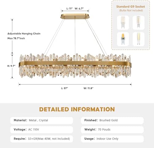 Gold Oval Crystal Chandelier L57 inch, 32-Lights Gold Chandeliers Modern Crystal Chandelier Pendant Light Fixture G9 Lights Pendant Ceiling Light for Dining Living Room Kitchen Island - Image 2