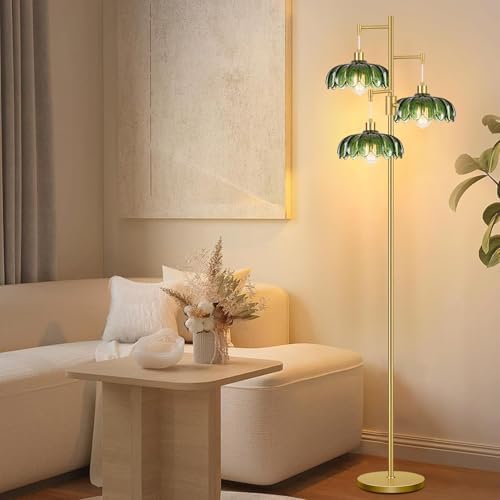 Vintage Floor Lamps for Living Room Bedroom-3 Light Dimmable Gold Floor Lamp with Glass Lampshape, Flower Tall Lamp Modern Mid Century Standing Lamp Green Tree Floor Lamp for Bedroom Corner - Image 7