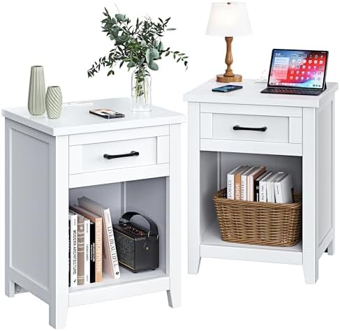 Decofy Farmhouse Nightstand with Charging Station & Large Storage, Set of 2 Modern End Tables with Outlets, USB Ports and Type-C Ports, Easy Assembly for Bedroom (Pure White) by Decofy