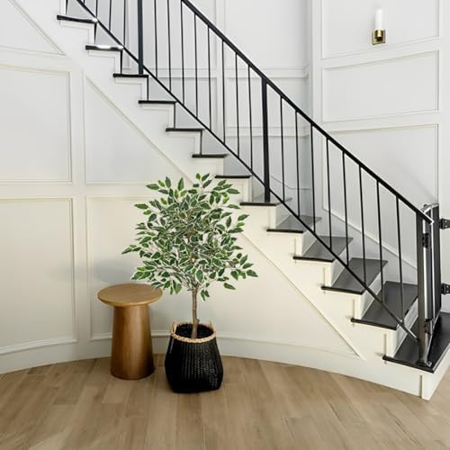 3Ft Ficus Tree Artificial Plants Indoor with Realistic Trunk, Tall Fake Potted Tree Faux Floor Plant, Artificial Tree in Pot for Home Living Room Office Bedroom Corner Decor(Green White) - Image 4