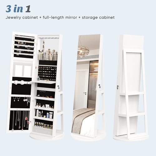 OLIXIS 360° Swivel Jewelry Cabinet with Light, Lockable Full Length Mirror - Image 4