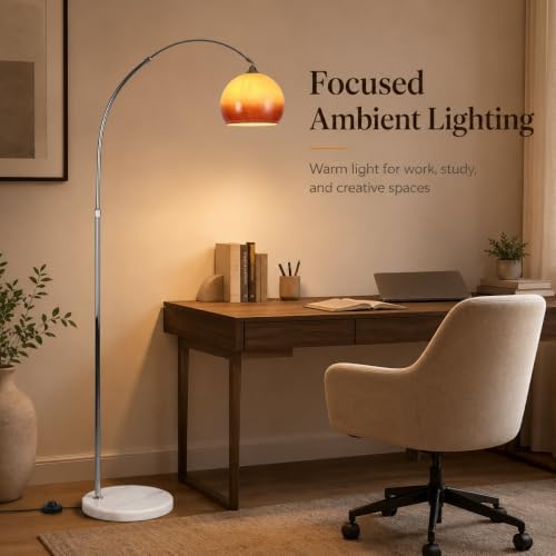 Modern Arc Floor Lamp with Orange Glass Shade, Mid Century Standing Lamp - Image 2