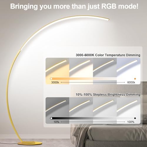 RGB Floor Lamp with 3 Color Temperatures, Ultra Bright 1800LM Smart Arc LED Floor Lamp with Remote Control, Music Sync, Scene Modes, Modern Standing Tall Lamp for Bedroom Living Room Gaming Rooms-Gold - Image 3