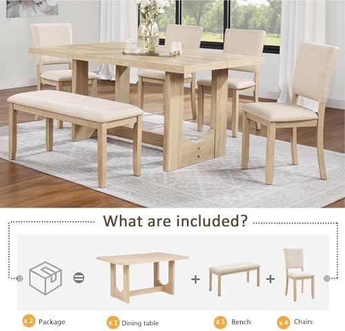 LUMISOL 6-Piece Dining Table Set with Bench, Rectangular Kitchen Table Set with U-Shaped Base, 4 Upholstered Chairs and Bench for Kitchen, Dining Room, Light Oak & Beige - Image 3