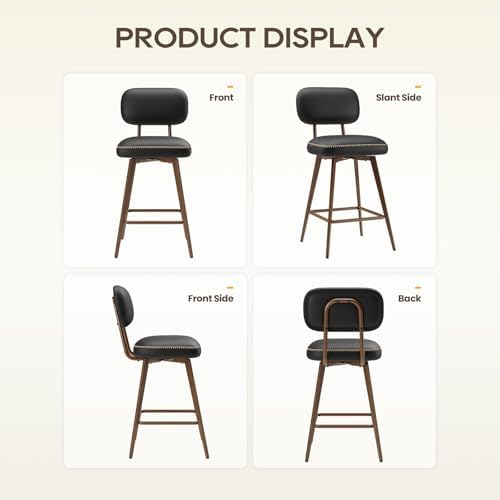 MALOL 26“ Swivel Bar Stools Set of 2, Mid Century PU Leather Counter Height Bar Chairs with Low Back and Metal Legs, Modern Bar Stool Chair for Kitchen Island, Black - Image 6