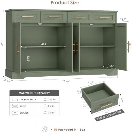 HOSTACK Sideboard Buffet Cabinet with Storage, Kitchen Cabinet, Green/Gold - Image 3