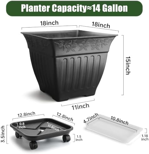 4-Pack 18 Inch Large Outdoor Planters with Saucers & Lockable Wheels, Black - Image 5