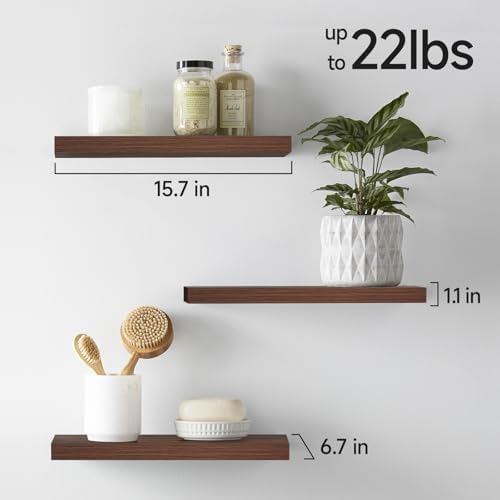 BAYKA Floating Shelves for Wall, Wall Mounted Rustic Wood Shelves for Bathroom, Bedroom, Living Room, Kitchen,Small Hanging Shelf for Books/Storage/Room Decor (Walnut-Like, Set of 3, 15.7in) - Image 5