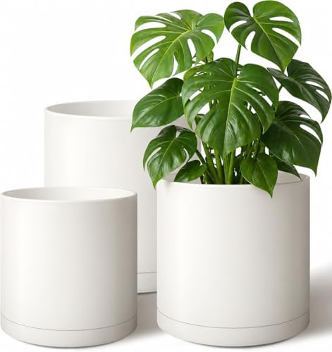 Giraffe Creation Cylinder Plant Pots 12/10/8 Inch Set of 3, Modern Round Planters with Drainage Holes and Saucers, Durable Plastic Flower Pots, White by Giraffe+Creation