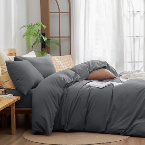 BESTOUCH Cotton Solid Duvet Cover Set Quiet Shade Grey California King - Image 3