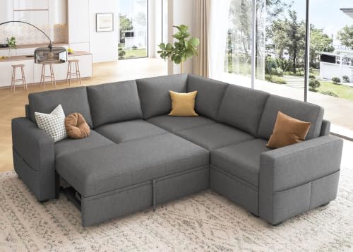 HONBAY Sectional Sleeper Sofa with Pull Out Bed, L Shaped Couch with Storage Seat, Modular Sectional Couches for Living Room, Dark Grey by HONBAY