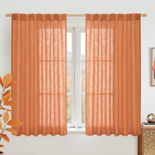 LAMIT Burnt Orange Linen Curtains 54 Inch Length 2 Panels for Bedroom by LAMIT