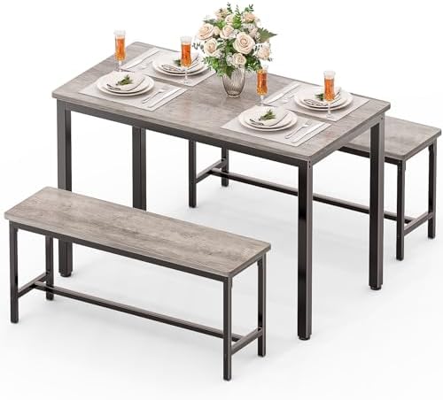 Dining Table Set for 4, Kitchen Table with 2 Benchs, Grey by FAVSH