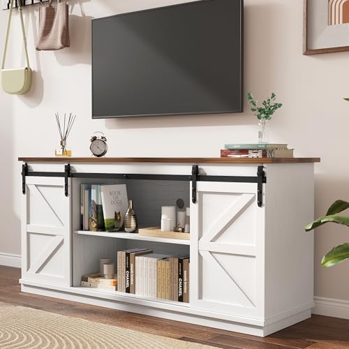 YESHOMY 58" Farmhouse TV Stand for TVs up to 65", Sliding Barn Doors, White - Image 3