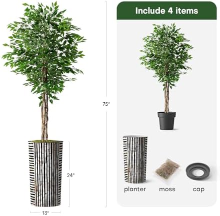 Artificial Tree in Black and Brown Striped Planter, Fake Ficus Silk Tree for Indoor and Outdoor Home Decoration - 75" Overall Tall (Plant Pot Plus Tree) - Image 3