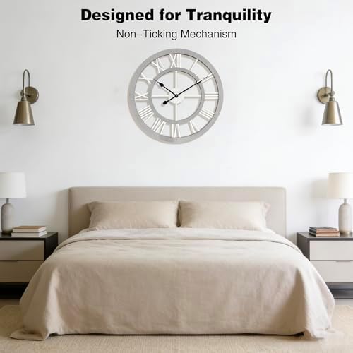 24 Inch Large Rustic Wall Clock Silent Non-Ticking Wooden Wall Clocks with Roman Numerals Farmhouse Decorative Clock for Living Room Bedroom Office (Grey) - Image 5