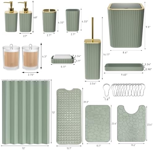 XLHOMO 26PC Bathroom Accessories Set - Gorgeous Sage Green Bathroom Set, Bathroom Accessory Set, Shower Curtain Set with Bathtub Mats for Shower Tub, Trash Can & Soap Dispenser - Image 3