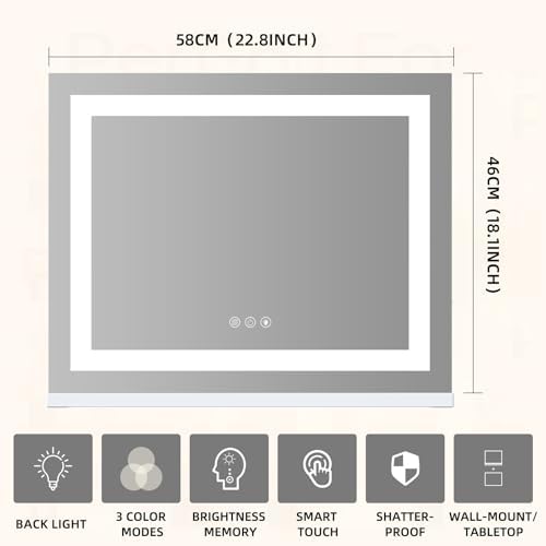 FENCHILIN Vanity Mirror with Lights, 22" x 19" Backlit + Front Lit Hollywood Makeup Mirror LED Strip with 3 Colors Modes Smart Touch for Dressing Room & Bedroom White - Image 4