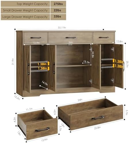 HOSTACK Kitchen Buffet Sideboard Storage Cabinet, Coffee Bar Cabinet, Brown - Image 3