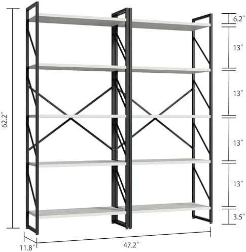 Shintenchi 2-Tier Bookshelf: Tall Industrial Bookcase for Living Room/Home/Office, Modern Book Holder with Storage Rack Shelves - White - Image 2