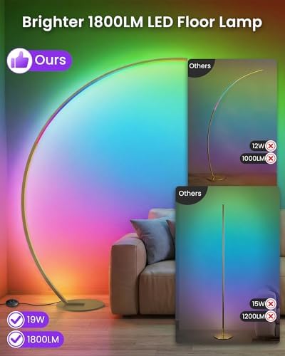75" RGBW Gold Corner Lamp, Dimmable Arc Floor Lamp with Remote, Curved Lamp - Image 2