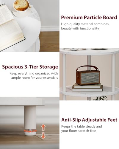 XBurmo Small Round End Table - 3 Tier Design Accent Table, Narrow Side or Bedside Stand, Industrial Vintage Nightstand for Bedroom, Living Room, or Small Spaces, Set of 2, Marble White - Image 5