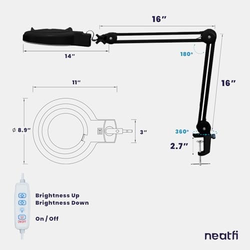 Neatfi LED Magnifying Lamp with Clamp | 12W | 60 SMD LEDs |1,200 Lumens | Adjustable Step Dimming | 2.25x Magnification Desk Lamp Magnifier for Crafts, Painting, and Hobbies (Black-2, 5-Diopter) - Image 6
