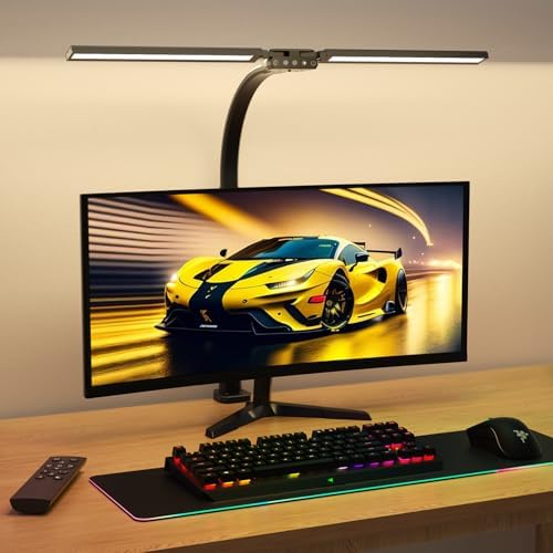 SIBRILLE Upgraded Desk Lamp for Home Office - Dimmable Computer Desk Light with Remote, Modern Architect Task Lamp with Color Changing, Flexible Desktop Lamp with Gooseneck for Monitor, Double Head by SIBRILLE