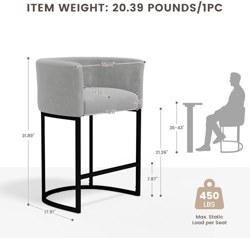 GRUSIGN Chenille Counter Height Bar Stools Set of 1, 26" Kitchen Island Stools with Arms & Footrest, Upholstered Barrel Back Bar Chairs for Kitchen, Dining Room, Bar & Lounge Area, Grey - Image 2