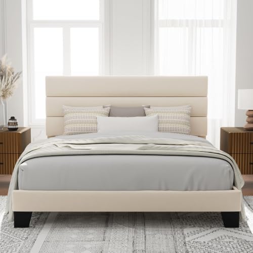 Allewie Cal King Size Platform Bed Frame with Velvet Upholstered Headboard by Allewie