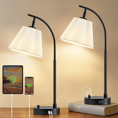 Table Lamps Set of 2, Stepless Dimmable Bedside Lamps with USB A&C Ports by WelcomeGyroVu