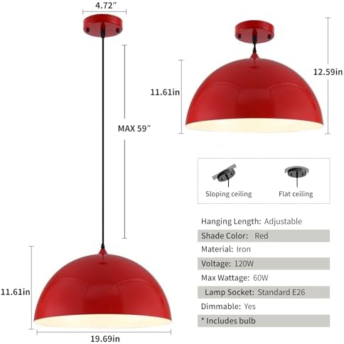Red Large Pendant Light 2 Packs,19.7inches, Kitchen Pendant Lights, Oversized Island Pendant Lights, Farmhouse Pendant Light, Pendant Light for Bedroom, Kitchen Island - Image 6