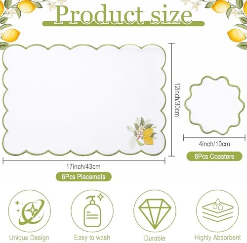 Set of 12 Lemon Cotton Linen Placemats Coaster, 12 x 17 Heat Resistant Embroidery Scalloped Placemats, 4" Summer Kitchen Coaster Double Layered Rustic Dinner Table Decoration(White and Green) - Image 2