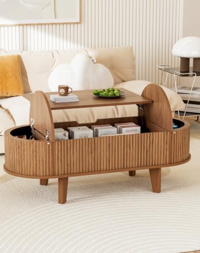 Fluted Oval Lift Top Coffee Table with Storage, 47" Wood Mid Century Modern Coffee Table for Living Room, Walnut - Image 2