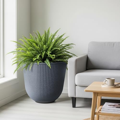 WORTH Garden Round Large Planter Pot Set of 2-17.5" Dia x 15.5" H - Durable Plastic Grey Plant Tree Pots with Vertical Stripe Textured Finish, Drainage Hole for Indoor, Outdoor, Front Porch, Patio - Image 7