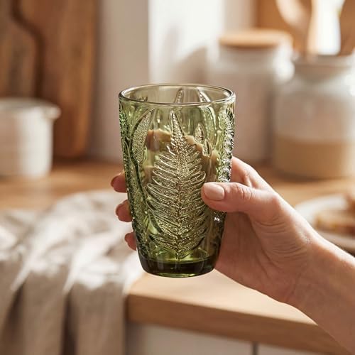 Green Drinking Glasses Set of 8, 12 oz Glass Cups, Vintage Fern Glassware - Image 3
