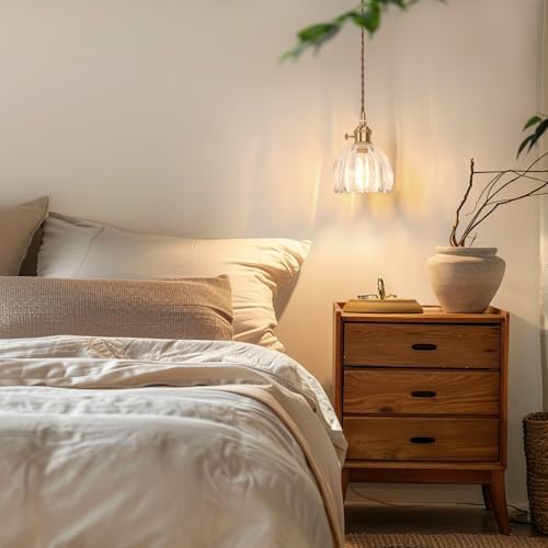 Shenmoyl Pendant Light with Clear Tulip Glass Lmapshade, Brass Vintage Pendant Light Adjustable Hanging Light for Kitchen Island Dining Room Hallway - Image 4
