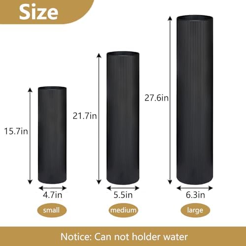 Black Tall Ribbed Floor Vase - Set of 3 Metal Large Decorative Vases - Image 5