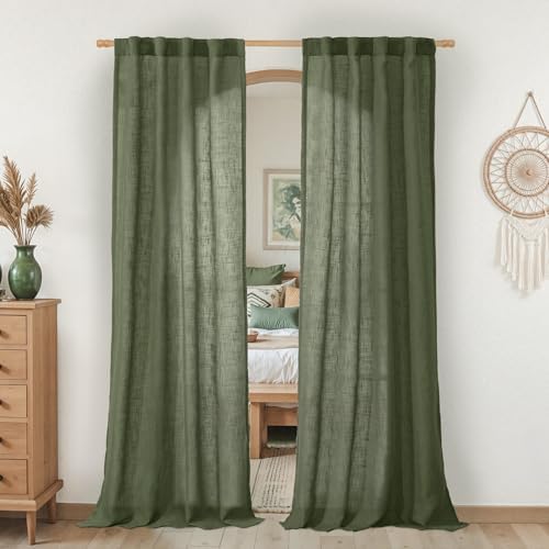 LAMIT Olive Green Linen Curtains 80 inch Length 2 Panels for Bedroom by LAMIT