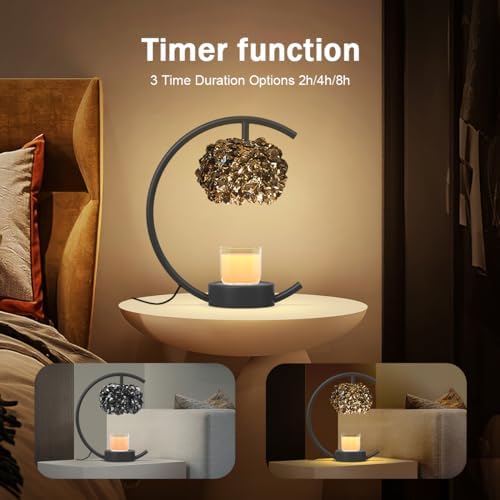 Yeuslor Candle Warmer Lamp for Jar Candles with Adjustable Brightness＆Timer，Handcrafted Crystal Candle Lamp Luxurious Design+2Bulbs,Home Decoration Electric Candle Lamp(Black C-Shaped) - Image 6