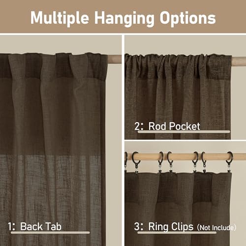 LAMIT Dark Brown Sheer Linen Curtains 2 Panels Set Light Filtering Panels - Image 3