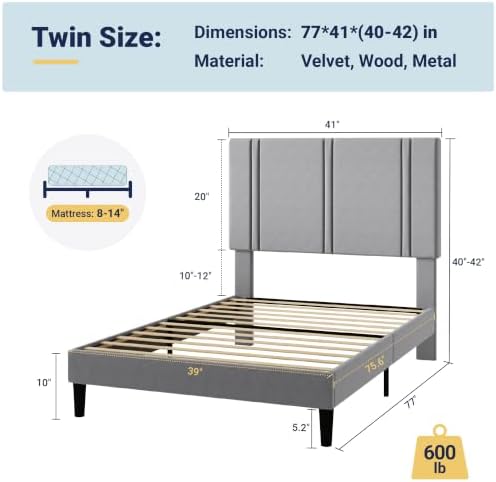 Allewie Twin Platform Bed Frame with Velvet Upholstered Headboard - Image 2