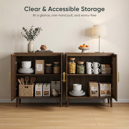 Smart FENDEE Sideboard Cabinet, 31.5" W Farmhouse Buffet Cabinet with Slatted Doors & Adjustable Shelf, Wood Coffee Bar Storage Station for Kitchen, Dining Room, Living Room, Entryway, Walnut Color - Image 5
