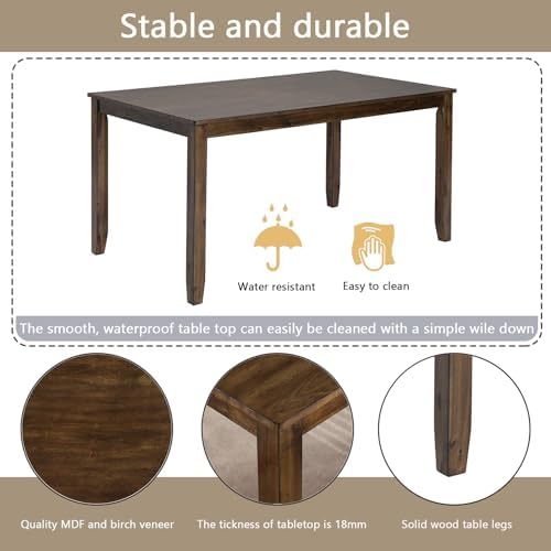 Harper & Bright Designs 6-Piece Dining Table Set with 4 Upholstered Chairs & Bench, 58.5" Rectangular Solid Wood Frame Table, Dining Table Set for 6 People, Living Room, Home Bar and Kitchen,Walnut - Image 4